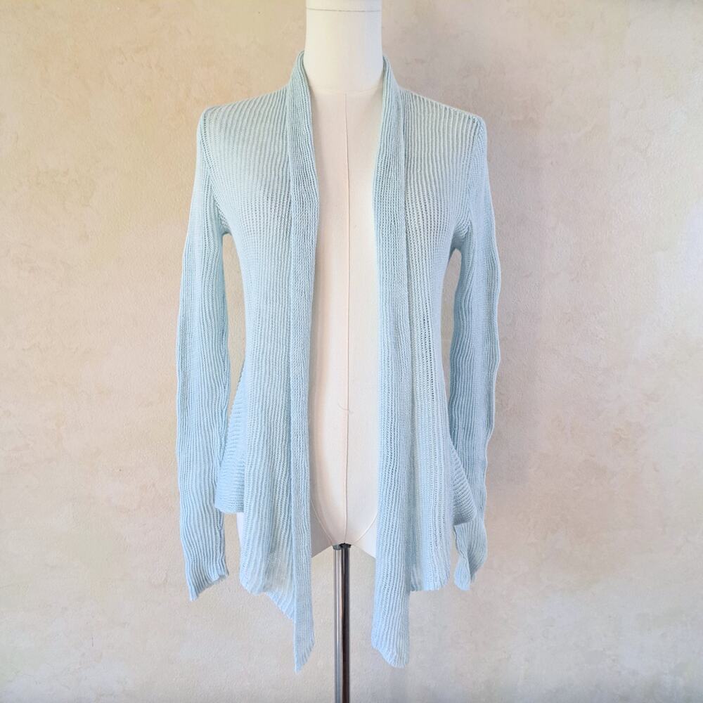 Eileen Fisher Petite Light Aqua 100% Linen Sheer Open Front Cardigan Sweater PS